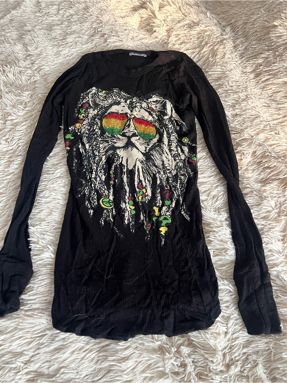 Lauren Moshi Black Long Sleeve Lion Graphic Tee with Rainbow Accents